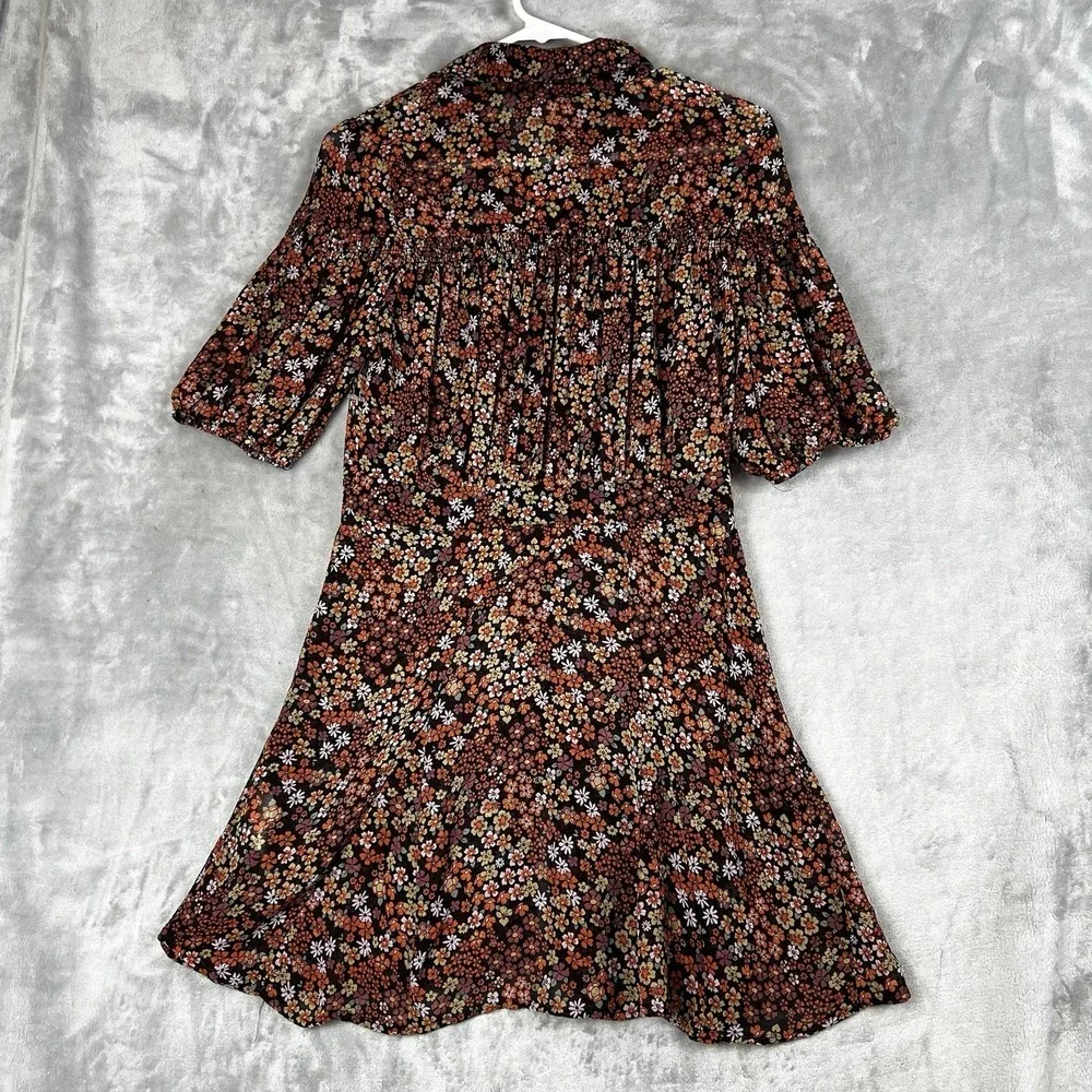 Free People Floral Mini Dress Button Front Puff Sleeve Ditsy Print Brown Multi